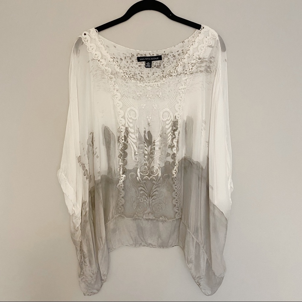 Saks Fifth Avenue Silk Grey & White Blouse